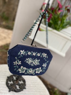 Blue Roses, Vintage Needlepoint Bag